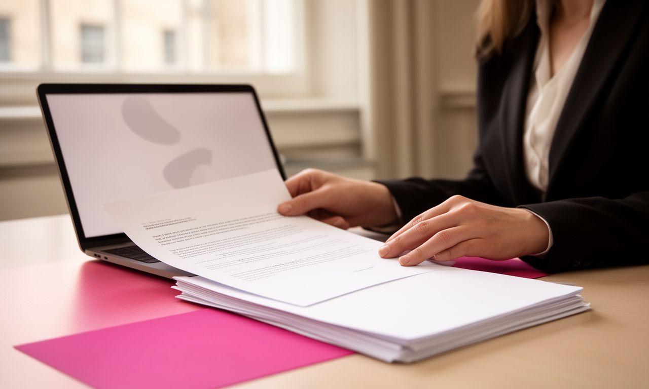 Solicitor reviewing a printed contract beside a laptop in a calm London office